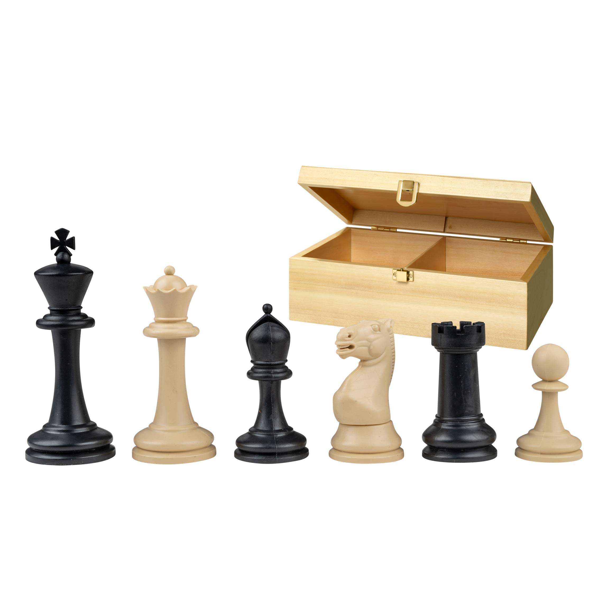 Schachfiguren Nerva, Königshöhe 95 mm, Kunststoff, schwarz creme, gewichtet, in Holzbox