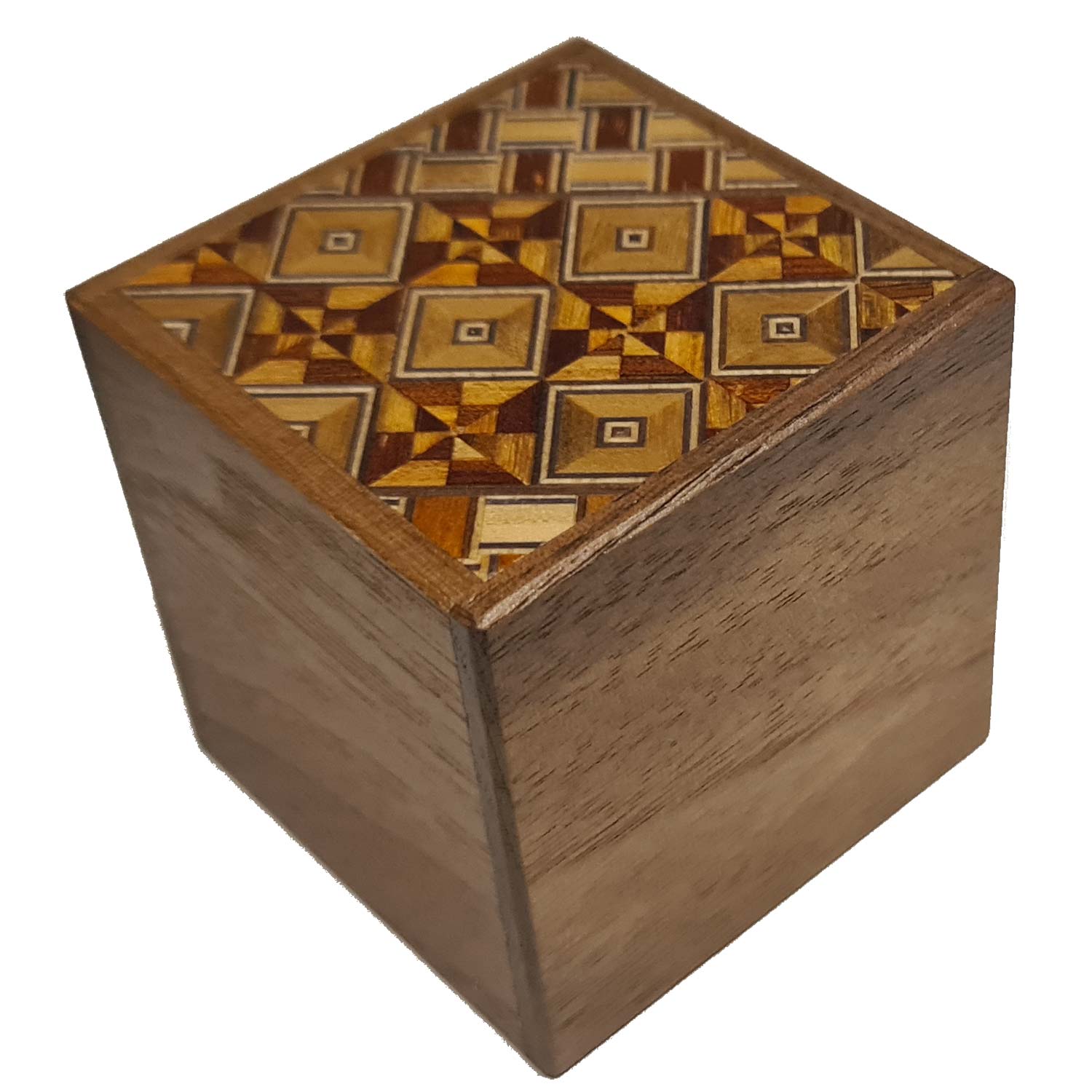 Himitsu Bako 2 Sun Cube 4 Steps Drawer Yosegi  / Walnut Wood mit Schublade